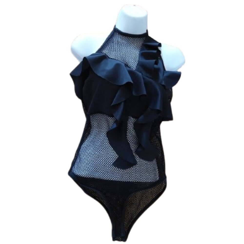 Black One-Piece Mesh Bodysuit Body Suit Size Medium NEW NWOT